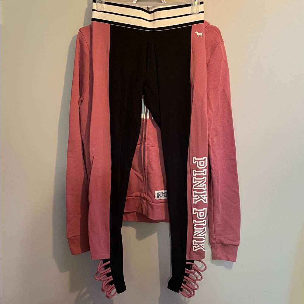 PINK Victoria's Secret Black and Pink Striped Leggings with Zippered Hoodie
